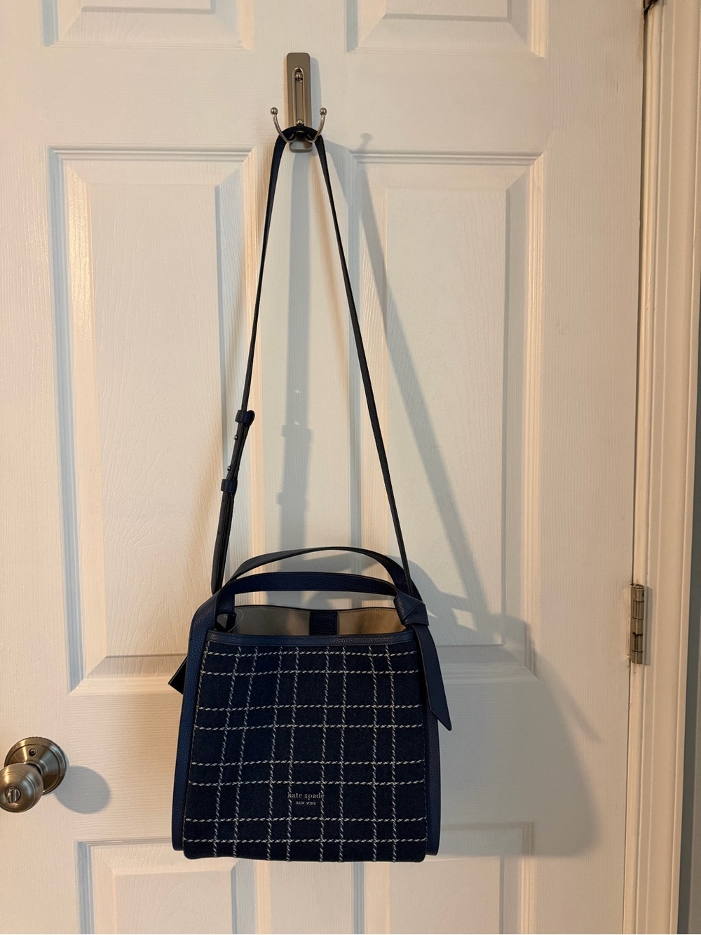 kate spade Navy Check Crossbody Bag with Top Handle - Picture 3 of 3